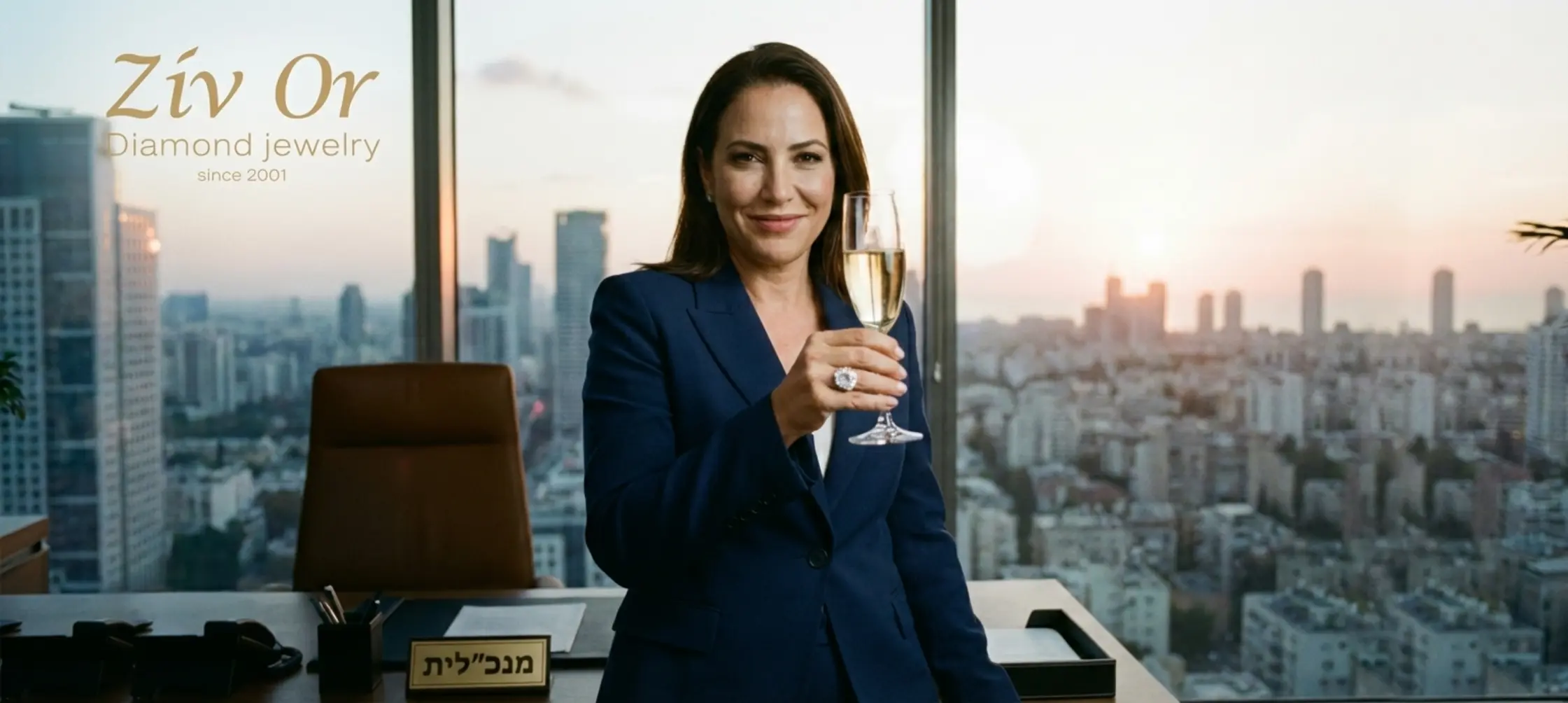 אישה עוצמתית לבושה בחליפת עסקים אלגנטית, מרימה כוס שמפניה בחיוך, ועל אצבע יד ימין שלה עונדת טבעת יהלום מרשימה ונוצצת, משדרת ביטחון והצלחה