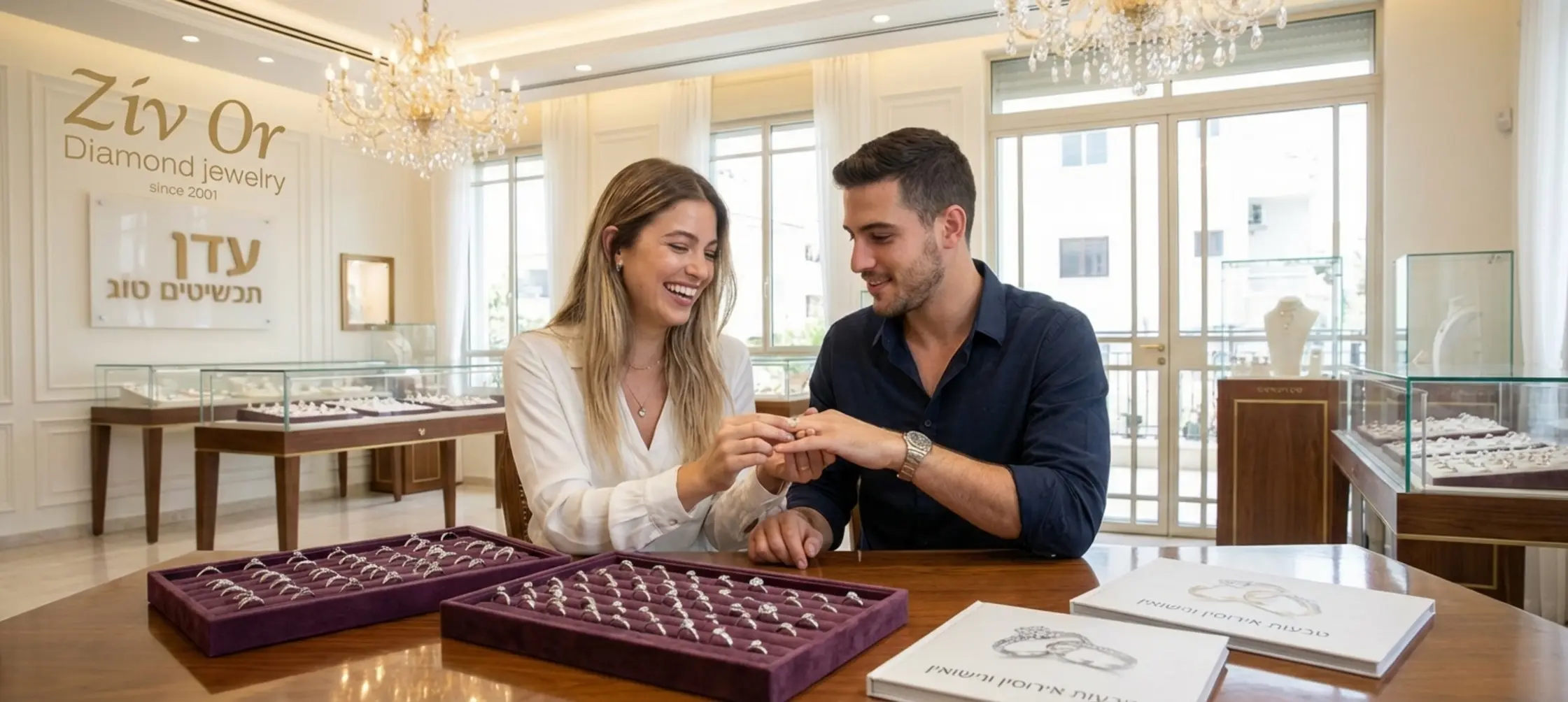 זוג צעיר יושב בחנות תכשיטים מוארת ויוקרתית, האישה עונדת לגבר טבעת תוך כדי חיוך רחב וברקע רואים מגשי טבעות נוצצים