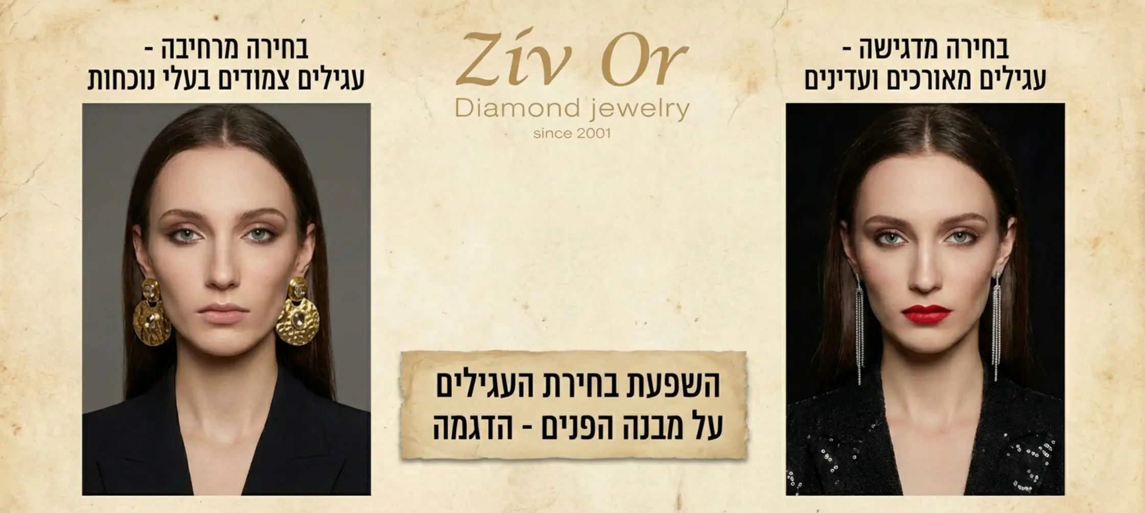 קולאז' תמונות המציג מודליסטית בעלת מבנה פנים ארוך. בצד אחד היא עונדת עגילים צמודים בעלי נוכחות מרשימה שמרחיבים את הפנים, ובצד השני עגילים מאורכים שמדגישים את האורך, להמחשת הניגודיות והאפקט של הבחירה הנכונה