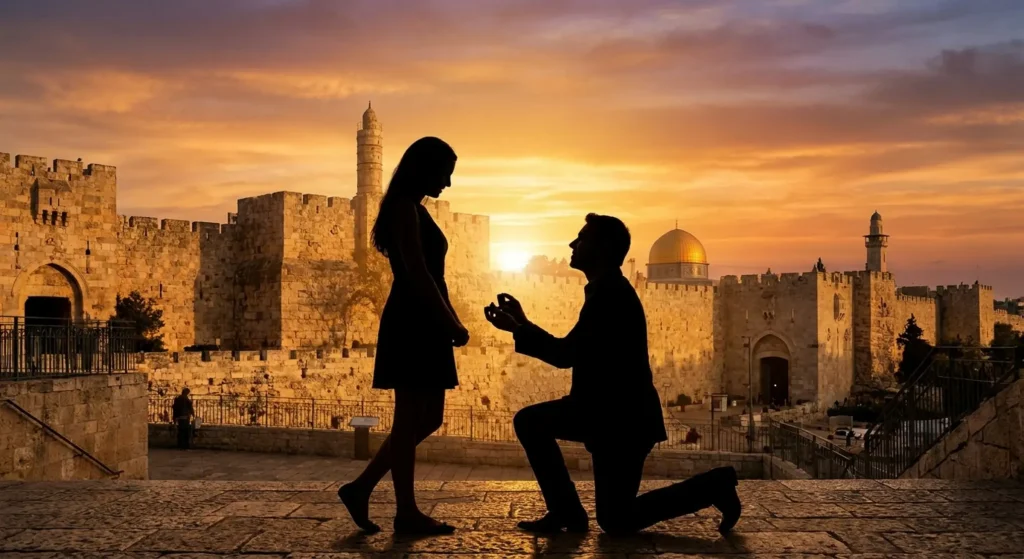 הצעת נישואין רומנטית בשקיעה מול חומות ירושלים העתיקה, עם כיפת הסלע המוזהבת ומגדל דוד ברקע