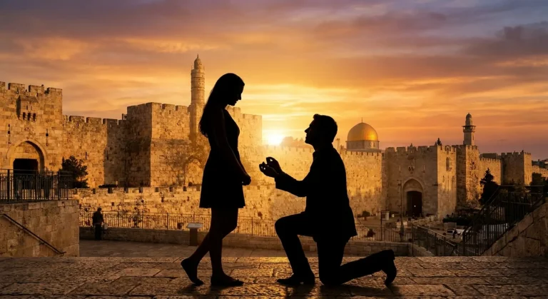הצעת נישואין רומנטית בשקיעה מול חומות ירושלים העתיקה, עם כיפת הסלע המוזהבת ומגדל דוד ברקע