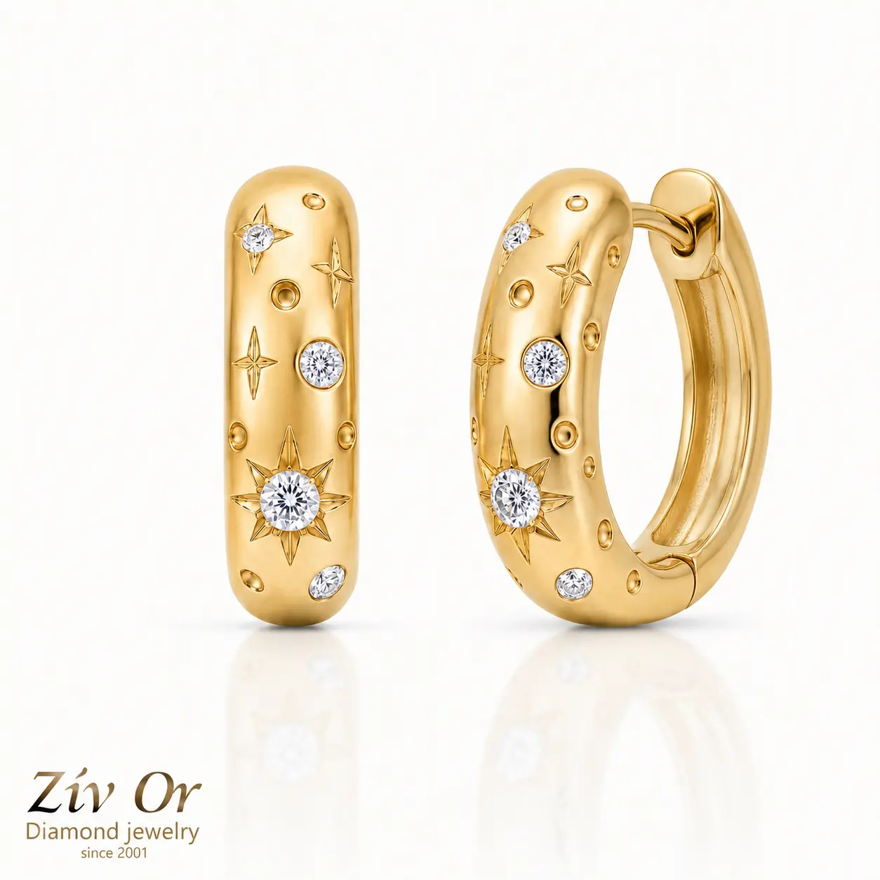 עגילי חישוק קלאסיים עם כוכבים 0.14ct
