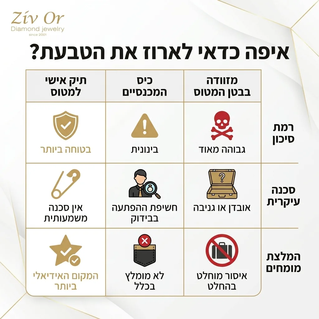 אינפוגרפיקה — איפה כדאי לארוז את הטבעת?: השוואה בין תיק אישי למטוס, כיס המכנסיים, מזוודה בבטן המטוס