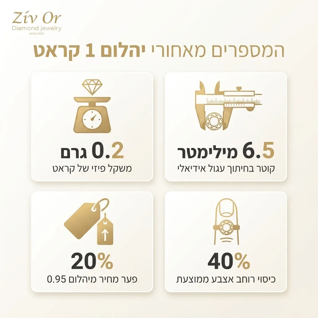 אינפוגרפיקה — המספרים מאחורי יהלום 1 קראט: משקל פיזי של קראט, קוטר בחיתוך עגול אידיאלי, פער מחיר מיהלום 0.95, כיסוי רוחב אצבע