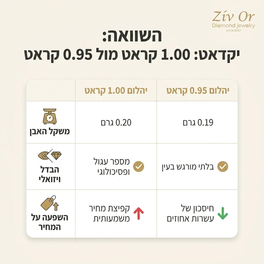 אינפוגרפיקה — השוואה: 1.00 קראט מול 0.95 קראט: השוואה בין יהלום 1.00 קראט, יהלום 0.95 קראט