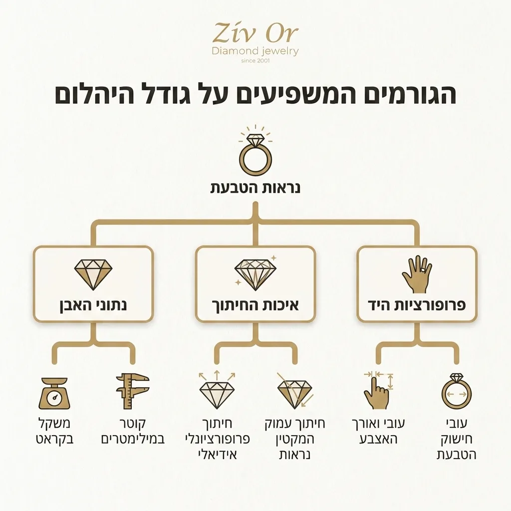 אינפוגרפיקה — הגורמים המשפיעים על גודל היהלום: נראות הטבעת