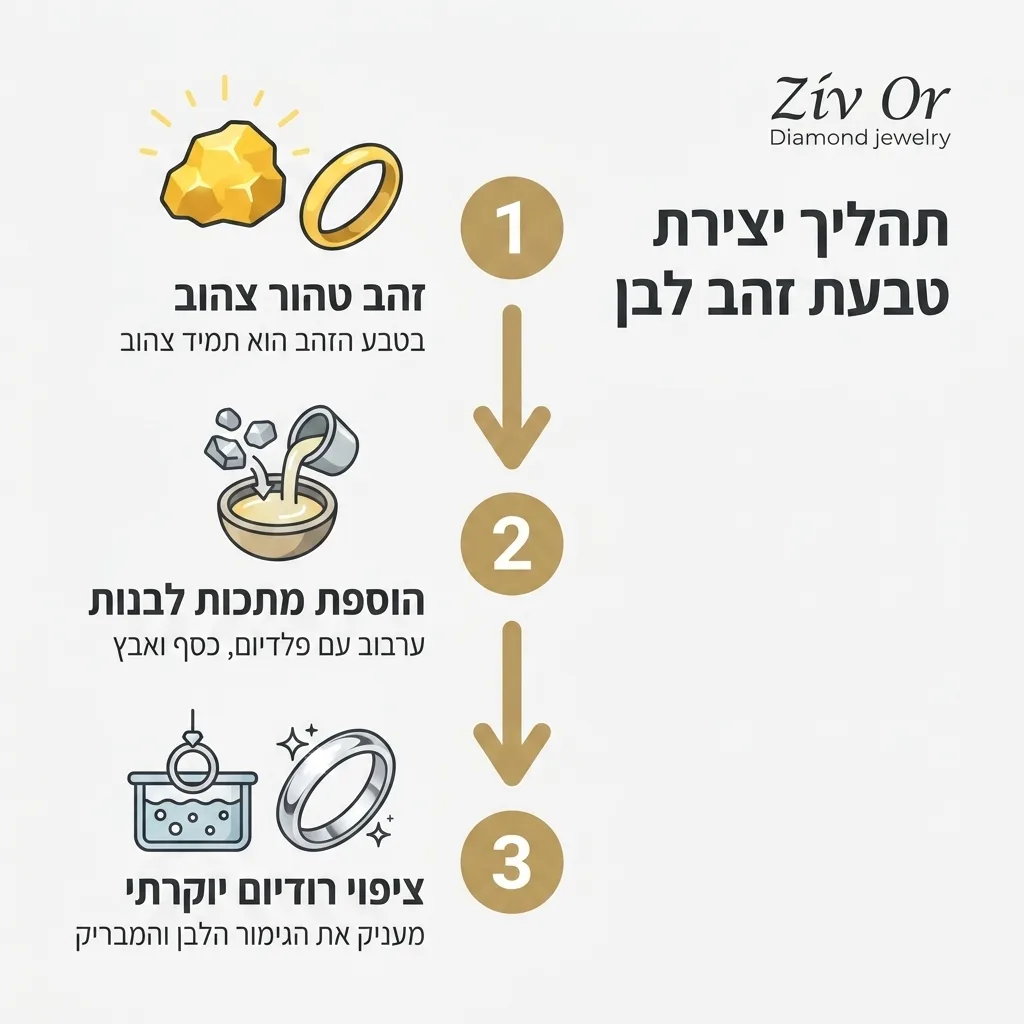 אינפוגרפיקה — תהליך יצירת טבעת זהב לבן: זהב טהור צהוב, הוספת מתכות לבנות, ציפוי רודיום יוקרתי