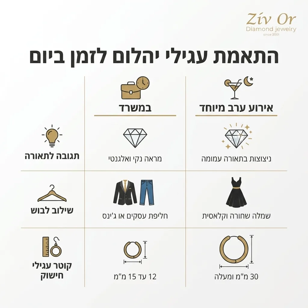 אינפוגרפיקה — התאמת עגילי יהלום לזמן ביום: השוואה בין שעות היום במשרד, אירוע ערב מיוחד
