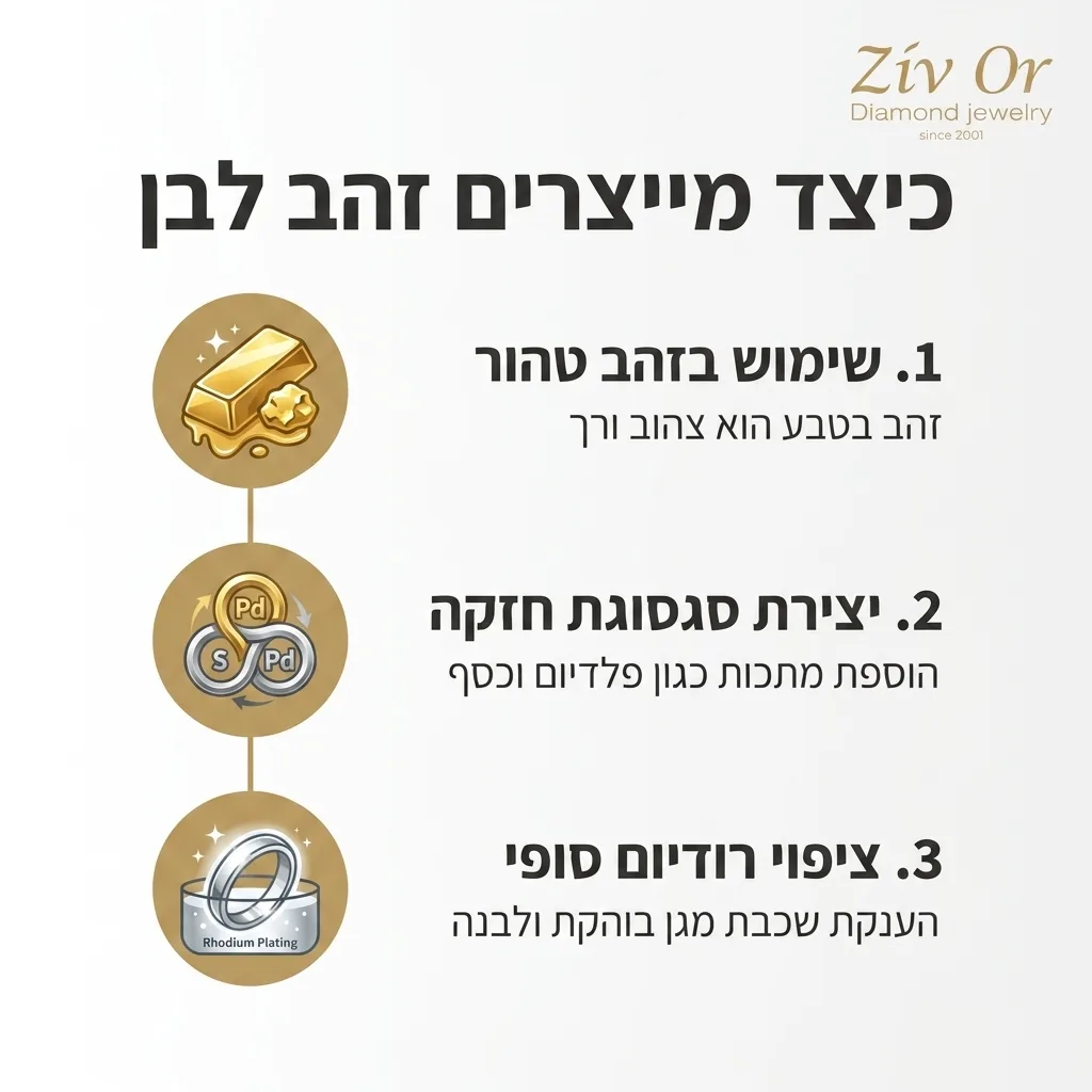 אינפוגרפיקה — כיצד מייצרים זהב לבן: שימוש בזהב טהור, יצירת סגסוגת חזקה, ציפוי רודיום סופי