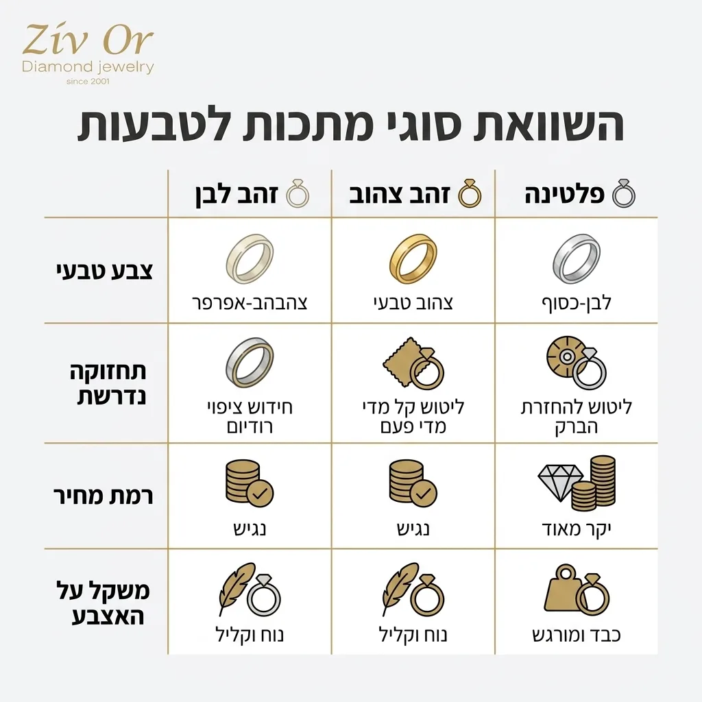 אינפוגרפיקה — השוואת סוגי מתכות לטבעות: השוואה בין זהב לבן, זהב צהוב, פלטינה