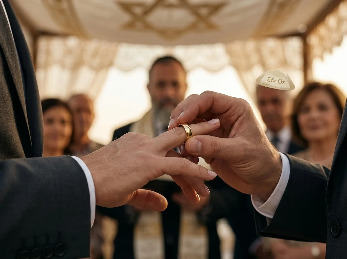 צילום תקריב פוטו-ריאליסטי של רגע ענידת טבעת נישואין מזהב על האצבע המורה של יד ימין של כלה מתחת לחופה, תאורה טבעית רכה, עומק שדה רדוד המדגיש את הטבעת והאצבע