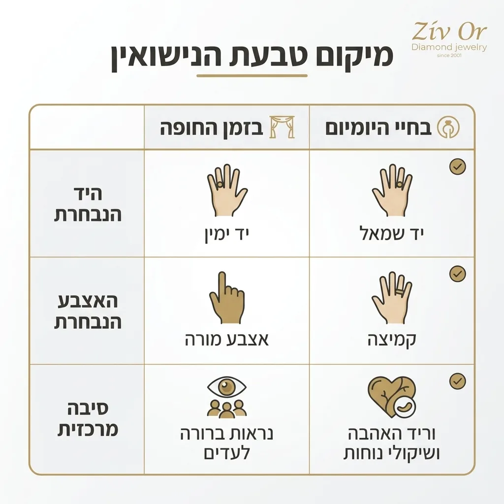 אינפוגרפיקה — מיקום טבעת הנישואין: השוואה בין בזמן החופה, בחיי היומיום